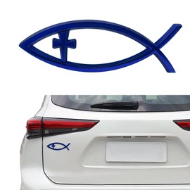 HQRNYP Christian Cross Fish Auto Emblem, Jesus Fish Car Emblem, Weatherproof Christian Symbol Ichthus Cross Decal, Chrome Sliver Badge Bumper Stickers Car Accessories Fit for Most Vehicles (Blue)