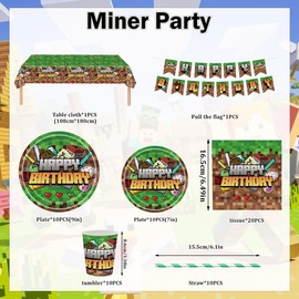 Miner Birthday Party Tableware, 62 Pieces, Game Party Tableware, Birthday Decoration, Paper Plates, Napkin, Cup, Tablecloth for Boys, Children's Birthday Party Supplies, Video Games, Children's