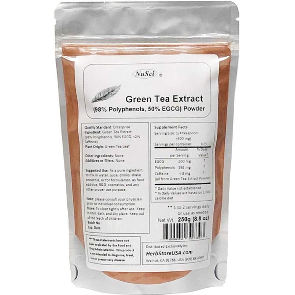 NuSci Green Tea Extract Bulk Powder Standardized 98% Polyphenols and 50% EGCG GMO Free Non-Irradiated (250 Grams (8.8 oz))