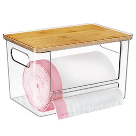 Trash Bag Holder Dispenser, Acrylic Garbage Bag Dispenser with Bamboo Top, Extra Large Trash Bag Dispenser Under Sink for Kitchen, Pantry, Laundry Room, Cabinet Organizer and Storage (1 PACK)