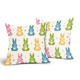 Easter Pillow Covers 18x18 Inch Set of 2 Colorful Bunny Holiday Decorative Pillowcases Rustic Farmhouse Rabbit Cotton Linen Square Cushion Case for Couch Sofa Bed
