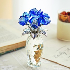 H&D Hyaline & Dora Gorgeous Blue Crystal Rose Flower Paperweight,Crystal Flowers Bouquet Collectible