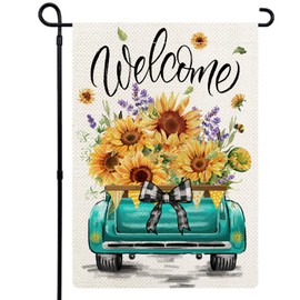 YOVOYOA Sunflowers Truck Summer Garden Flag 12x18 Double Sided, Rustic Floral Bee Welcome Yard Flags for Outside, Burlap Small Seasonal Holiday Flag for Farmhouse Outdoor Decoration