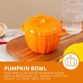 Bruntmor Oven Safe Ramekins - Set of 1 Ceramic Soup Bowls - Pumpkin Shaped Pot with Lid - Dinnerware for Serving or Baking Dish - Candy or Cookie Jar for Fall-Themed Events - 5.6x4.3 inches (Orange)