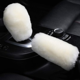 OGLAND Fluffy Natural Fur Sheepskin Car Gear Shift Handle Level Stick Knob Covers for Automobile Selector Handball Collar, Handbrake Cover (Cream White)