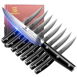Piklohas Steak Knives Set of 8, 4.5 Inch Non Serrated Dinner Knife, Forged German Steel Damascus Pattern Straight Edge Meat Knife with Full Tang Handle, Dishwasher Safe, Ideal for Gift