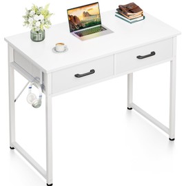 Casaottima 32 Inch Small Office Computer Desk with 2 Drawers & Headphone Hook - Compact Writing Desk for Home Office, Study or Work, Modern Space-Saving Design for Small Spaces, White