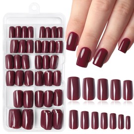 240pc Burgundy Press on Nails Short Square Fake Nails with Adhesive Tabs, Square Nails Press ons Short Glue on Nails Wine Red Acrylic Nails Stick False Artificial Fingernail for Women Girls