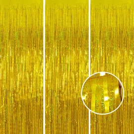 STAMI PLET 3 Pack Gold Foil Fringe Curtain,Birthday Backdrop Bachelorette Party Decorations 3.28X6.56 Feet Streamer Curtains for Parties Wedding Engagement Shower Graduation Decor