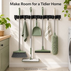Wall-Mounted Broom and Mop Holder – 4 Slots and 5 Hooks for Garage, Garden Tool and Home Organization