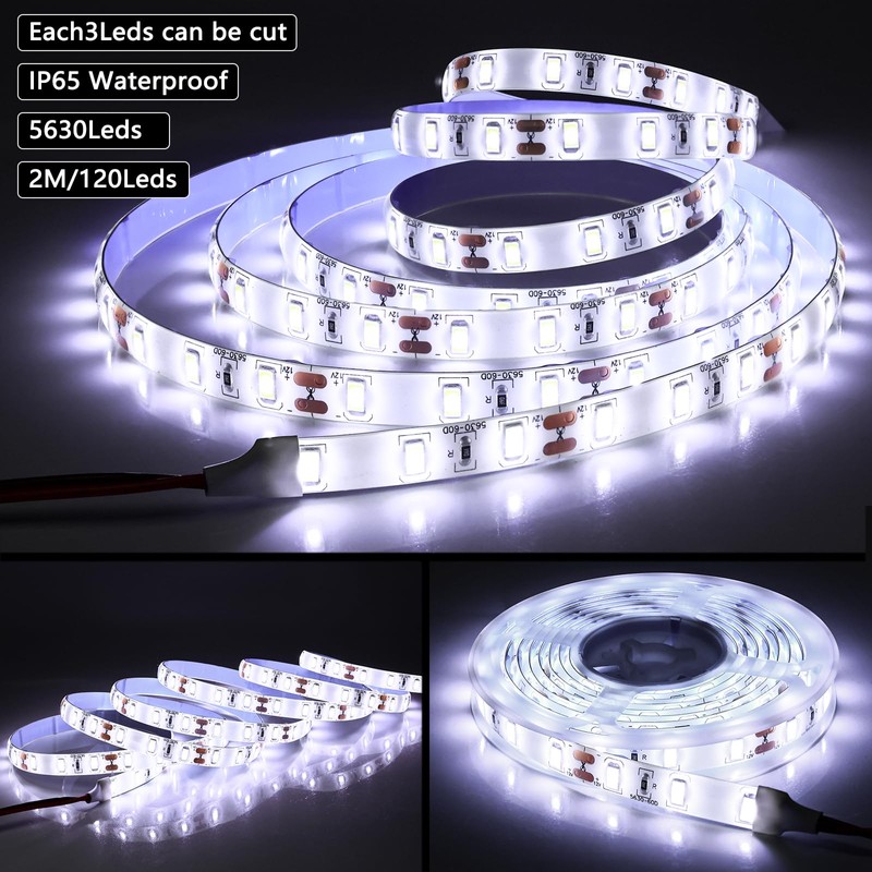 Tesfish 12V LED Strip, 2M SMD 5630 White 6000K LED