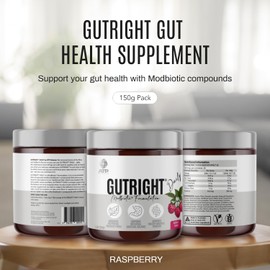 ATP Science GutRight® Gut Daily Health Supplement, Modbiotic and Polyphenol Compounds for Better Gut health, Digestion & Digestive Support, Plant-Based, Non-GMO, Fibre, Flavour: Raspberry, 150g