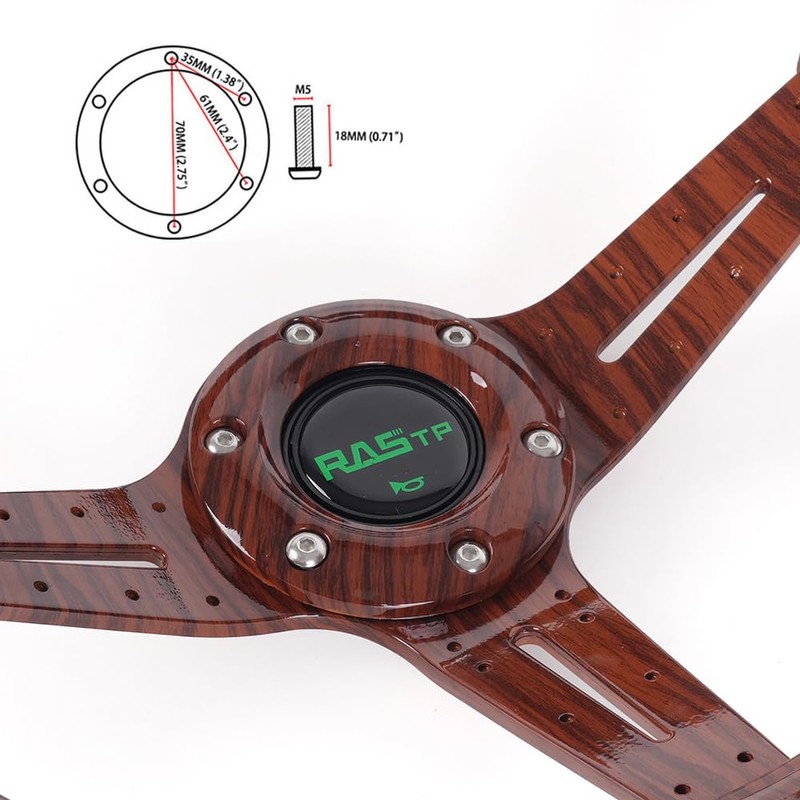 RASTP Walnut Wood Grain Trim Racing Steering Wheel, 13.8''/350MM 6