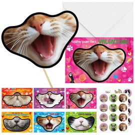 DISJOURNEY Valentines Day Cat Face Cards for Kids Valentines Photo Booth Props 24 Set Cute Cat Animal Cards with Prop Masks Envelopes for Kids Classroom Exchange Gifts Party Favors