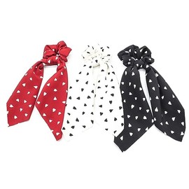 WOONEKY 3pcs Heart Printed Hair Scrunchies Stylish Ribbon Hair Ropes for Women Durable Ponytail Holders White Black Red for Parties and Daily Wear