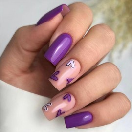 KTAABTR 24Pcs Heart Press on Nails Long Coffin Nails Valentines Fake Nails with Glue Purple Glitter Glossy Acrylic Nails Design White Purple Heart False Nails Stick on Nails for Women DIY Manicure