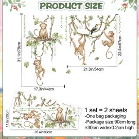 3D Cartoon Monkeys Climbing Tree Vines Wall Stickers - Removable Watercolor Style Peel & Stick Wall Decals with Green Leaves & Branches for Kids Nursery, Bedroom, Classroom Decor - DIY Animal Wall Art