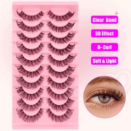 10 Pairs of Clear Band Artificial Eyelashes, Cat Eye, 15 mm, Fluffy Cat Eye, Russian Volume Strip Lashes, D Curly Wispy False Eyelashes, Natural Look Eyelash Extensions (S013)