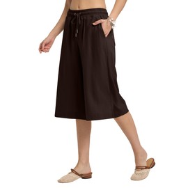 AVICHIC Linen Capri Pants for Women Elastic Waist with Drawstrings Casual Wide Leg Linen Pants Women with Pockets Brown L