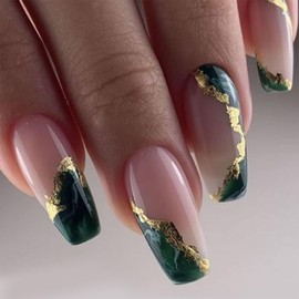Coffin Press on Nails Medium Fake Nails with Green French Gold Foil Designs Full Cover Glue on Nails Press ons Acrylic Glossy Stick on Nail for Womem 24 Pcs