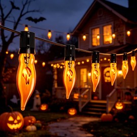 11.5Ft Halloween Flickering Flame Outdoor String Lights,10 Orange C18 Bulbs