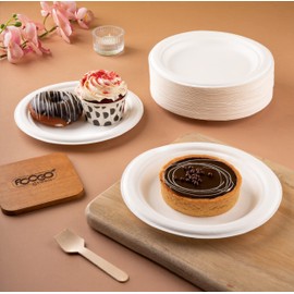FOOGO Green 50 Disposable Sugarcane Bagasse Plates, 7 inch (18 cm), for Desserts and Starters, Eco Friendly Biodegradable Compostable, Picnic, Party, Small Round Strong Paper Plates