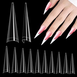 500PCS XXL Stiletto Nail Tips, Stiletto Half Cover Nail Tips for Acrylic Nails, Clear Long False Nails Tips Tapered Coffin Acrylic Fakes Nails Stiletto for Nail Extension Nail Art 10 Sizes