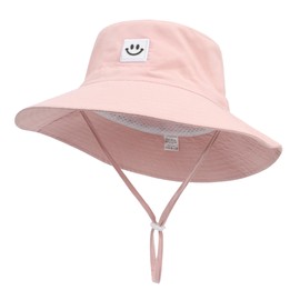 Ducclucc Toddler Girl Sun Hats UPF 50+ Wide Brim with Smile Face, Adjustable Chin Strap, Lightweight Hat for Beach Swim (US, Age 2-7 Years, Pink/Yellow)