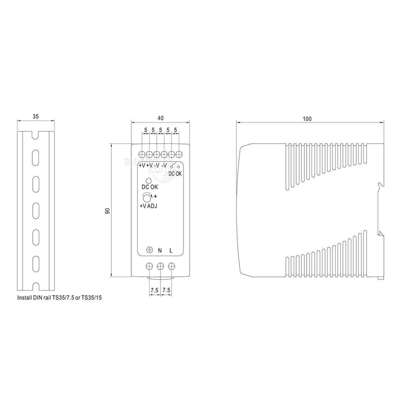MeanWell MDR-40-24 DIN Rail Power Supply, 40.8 W, 24 V,