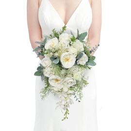 Rinlong 10.6" Wide White Sage Artificial Cascading Wedding Bouquets for Bride Cascade Bridal Bouquet for Wedding Silk Flowers