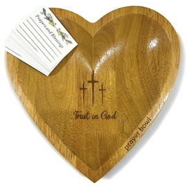 Heart Prayer Bowl Wooden with Cards, Easter Mothers Day Christian Gifts, Rubber Heart Wooden Bowl Cross Trust In God, Prayer Box 52 Scripture Cards, Christian Decor for Home, Decorative Bowl 9 inches