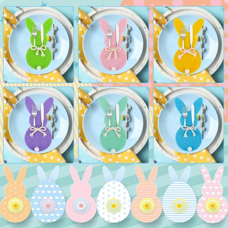 SilverChry 12 Pieces Cutlery Holder Easter Bunny Cutlery Bag Felt