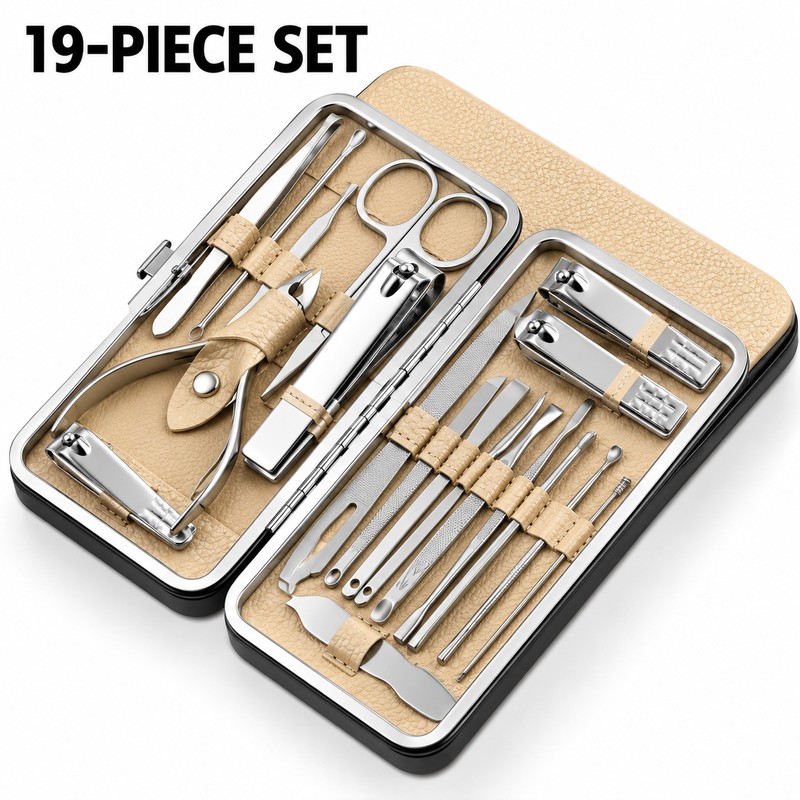 19-Piece Nail Clipper Set with Leather Case – Stainless Steel