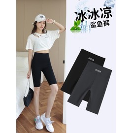 Women's Summer Thin High-Waisted Ice Silk 3/4 Length Yoga Shark Pants Lifting Smog Blue Shorts M [45.00 Kg - 52.50 Kg] 5ea