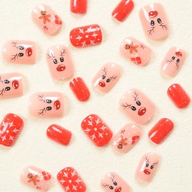 RIICFDD 24 Pcs Christmas Press on Nails Short Square Fake Nails Red Glitter Nails Press ons Snowflake Acrylic Nails Elk Gingerbread Man Stick on Nails Full Cover Winter Holiday False Nails for Women