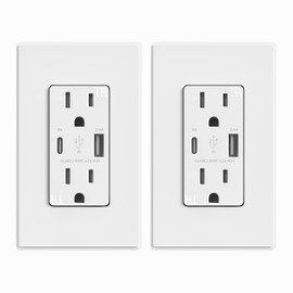 ELEGRP USB Charger Wall Outlet, Type A & C USB Ports, 15 Amp Duplex Tamper Resistant Receptacle Plug NEMA 5-15R, Wall Plate Included, UL Listed (2 Pack, Matte White)