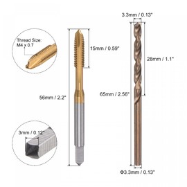 sourcing map M4 x 0.7 Spiral Point Thread Tap and 3.3mm Drill Bit Set, Metric Titanium Plated Cobalt High Speed Steel Machine Screw Thread Tap Threading Tool