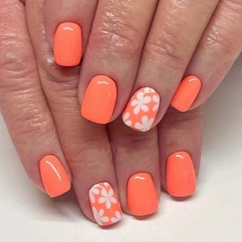 Short Press on Nails Flower Square Fake Nails Spring Summer Bright Orange Solid Color Acrylic Nails Artificial Glossy Short Glue on Nails, White Flower Designs False Nails, Fashion Stick on Nails