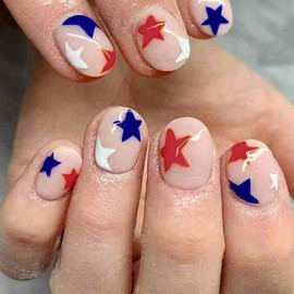 4th of July Press on Nails Short Square Fake Nails Nude Full Cover Red Blue Star False Nails with Designs Glossy Glue on Nails Acrylic Nails Stick on Nails Artificial Nails for Women Girls 24Pcs