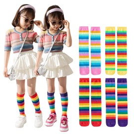 ZGKULAEAOW Children's High Socks, Set of 2, Rainbow Colors, Children, Girls, Socks, Border, Striped, Colorful, Sports Day, Pink x 2 pairs