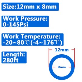 Qolekog Pneumatic 12mm x 8mm Tubing 280Ft PU Air Tube Hose Pipe for Air Line or Water Transfer (Blue)