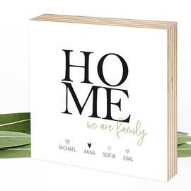 Wunderpixel® Holzbild HOME - personalisiert mit Namen - 15x15x2cm zum Hinstellen/Aufhängen, echter Fotodruck auf Holz - Wand-Bild Aufsteller Zuhause Dekoration Geschenk-Idee Familie