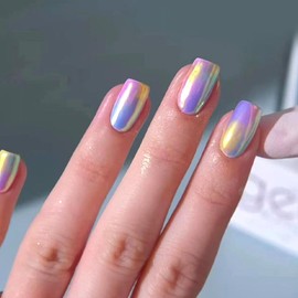 Medium Press on Nails Square Fake Nails with Purple Blue Yellow Gradient Design Nails Press ons Acrylic Full Cover False Nails Glossy Artificial Stick on Nails for Women 24Pcs