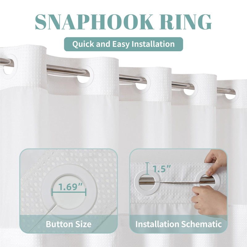 eachope White No Hook Waffle Weave Shower Curtain with snap-in