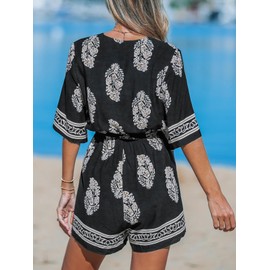 CUPSHE Women's Summer Wide Leg Rompers V Neck Short Sleeve Overall Beach Vacation Outfit Black/Yellow S