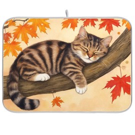 Fall Cats Dish Drying Mat for Kitchen Countertop 16x18 Autumn Maple Leaves Kitty Thanksgiving Day Small Drying Mat Reusable Quick Dry Dish Sink Mats Easy Clean Decorative Essentials