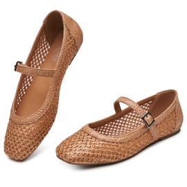 Trary Mary Jane Shoes Women Woven Flats for Women Ballet Flats Shoes Squared Toe Mary Jane Flats Ankle Strap Dressy Comfortable Brown Size 8