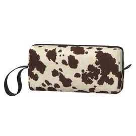JKJOJIA Cow Print Vintage Brown Makeup Bag Organizer Small Cosmetic Bags Portable Travel Toiletry Bag With Handle Simple Accessories Storage Zipper Pouch For Women Girl