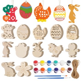 Camiki Art Easter Crafts Wooden Ornaments Set, 48 PCS Easter Crafts for Kids Wooden Hanging Embellishments Easter Gifts, Easter Bunny Decorations Party Supplies DIY Decor Home Wall Door Decor