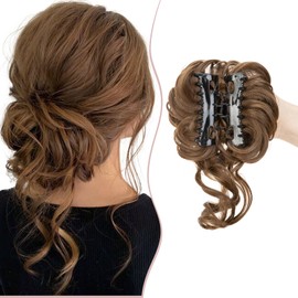 Claw Messy Bun Hairpieces Wavy Curly 75G Thick Hair Chignon Tousled Updo Doughnut Hair Bun Synthetic Ponytail, Ash Brown